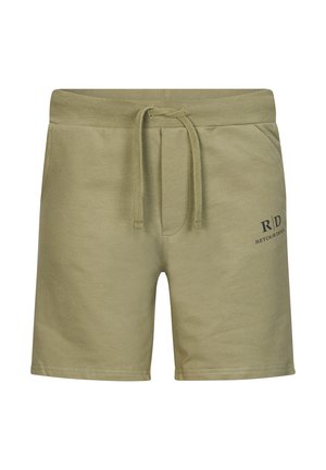 Pantaloni corti in cotone khaki con vita elastica e cordoncino. Presentano tasche laterali e un logo stampato blu sul fronte.