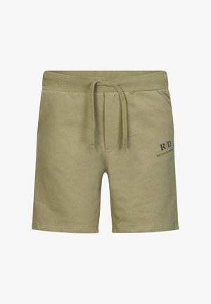 Khaki bawełniane szorty z elastycznym pasem i sznurkiem do regulacji. Posiadają boczne kieszenie oraz niebieski nadrukowany logo z przodu.