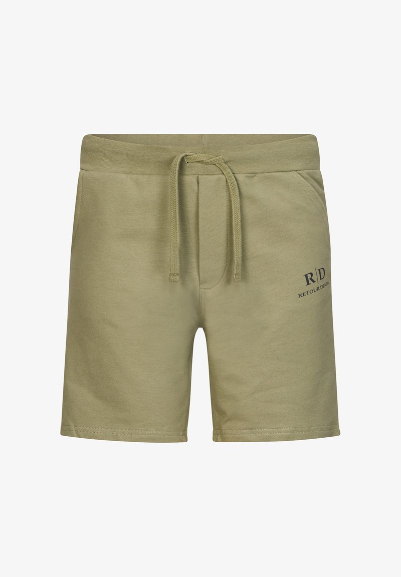 Khaki bawełniane szorty z elastycznym pasem i sznurkiem do regulacji. Posiadają boczne kieszenie oraz niebieski nadrukowany logo z przodu.