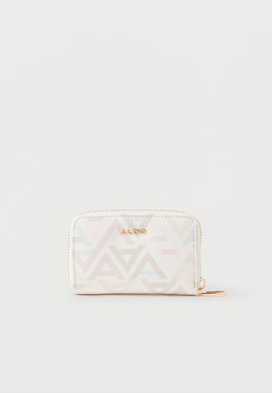 Malá biela peňaženka na zips s jemnými geometrickými vzormi a zlatým logom ALDO na prednej strane, umiestnená na jednoduchom svetlom pozadí.