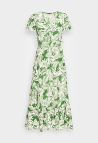 Green and white tropical leaf wrap dress with short sleeves and ruffled hem, tied at the waist.