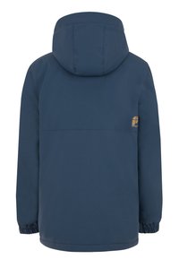 Veste bleu marine avec une capuche attachée, dotée de poignets élastiques et d'un logo sur le côté gauche. Tissu lisse et résistant à l'eau.