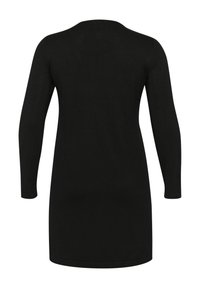 Abito lungo nero a maniche lunghe con scollo rotondo, realizzato in tessuto morbido e liscio. Ha una linea dritta e arriva fino a metà coscia.