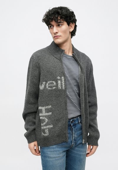 Pilka megzta kardiganas su aukštu apykakle, užtrauktuku ir raštuotais užrašais priekyje. Derinamas su dryžuota marškinėliais ir džinsais.