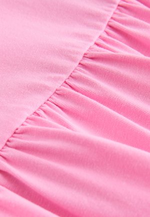 Pink fabric showing gathered texture along a seam, smooth finish, and soft, lightweight material. All elements are uniform in color.