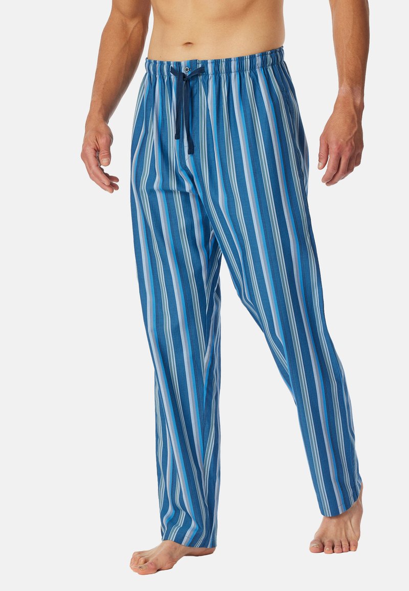 Blå randiga pyjamabyxor med elastisk midja och dragsko, raka ben och mjukt bomullsmaterial.