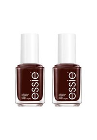 Deux bouteilles de vernis à ongles Essie de couleur brun foncé avec des bouchons blancs, présentant des contenants en verre transparent montrant la couleur du vernis et le branding.