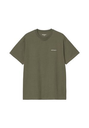 Camiseta Carhartt de manga corta en color verde oliva, con cuello redondo y pequeño logo blanco en el pecho izquierdo.