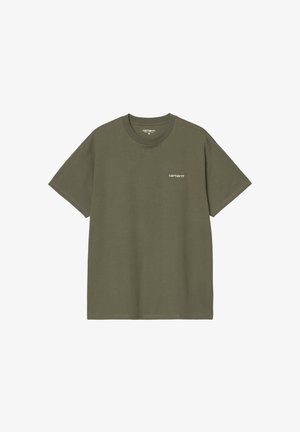 Camiseta Carhartt de manga corta en color verde oliva, con cuello redondo y pequeño logo blanco en el pecho izquierdo.