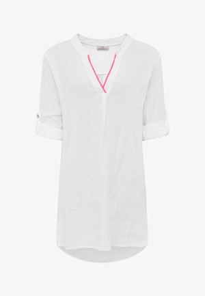 White textured women's blouse with rolled-up sleeves, V-neckline with pink trim, and button tab detail on sleeves.