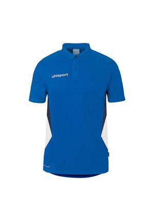 T-shirt de sport bleu à manches courtes avec des panneaux latéraux blancs et noirs, un col court à boutons, et le logo "uhlsport" sur la poitrine.