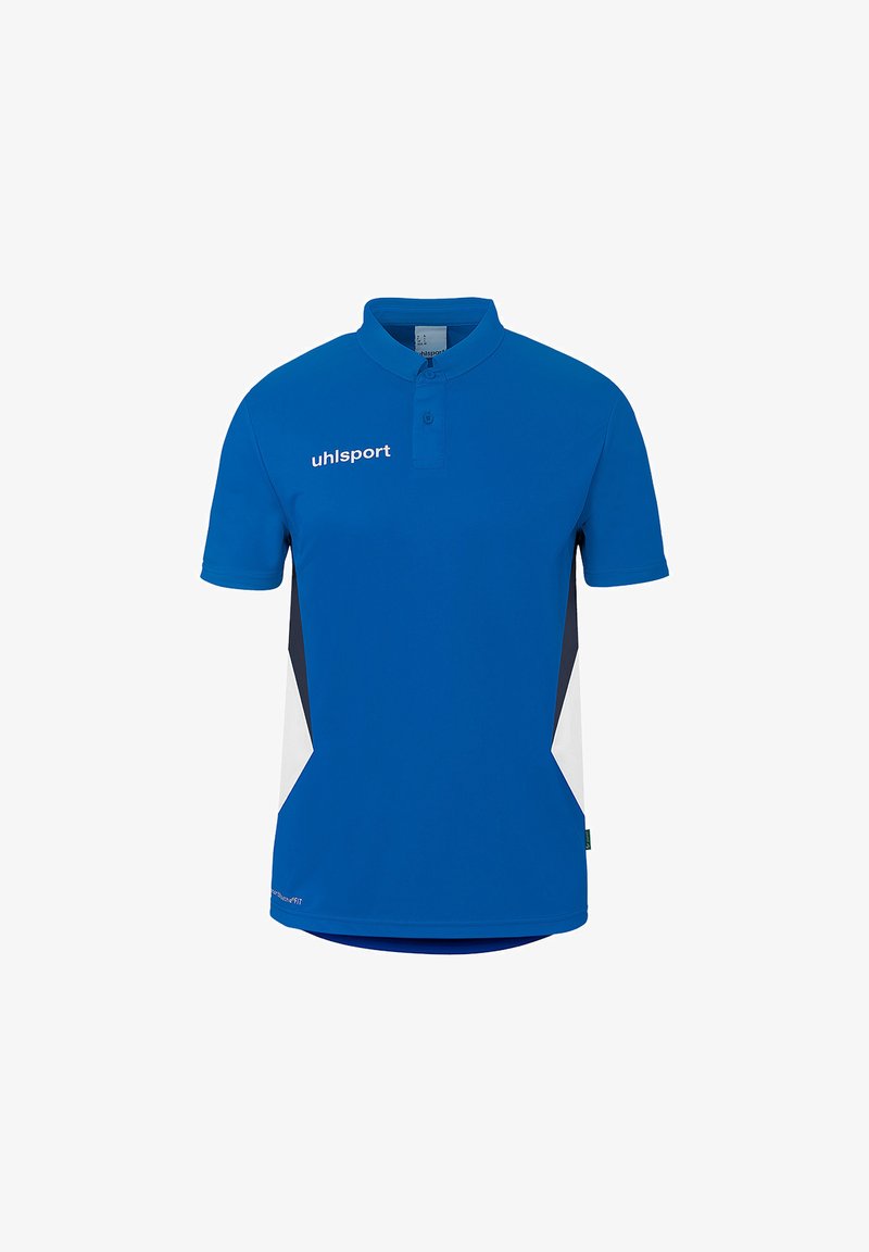 T-shirt de sport bleu à manches courtes avec des panneaux latéraux blancs et noirs, un col court à boutons, et le logo "uhlsport" sur la poitrine.