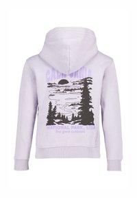 Světle fialová mikina s kapucí s černou grafikou pro outdoor, na které jsou stromy, slunce a text "Národní park Kalifornie, USA." Pohodlná tkanina, design na přesnou hlavu.