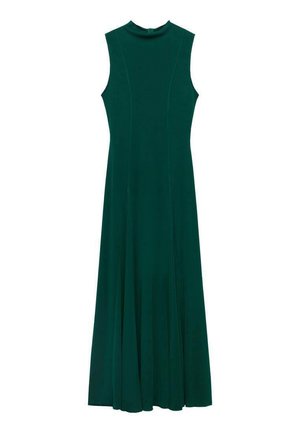 Lang, mouwloos, donkergroen jurk met een ronde hals, een vloeiende rok en subtiele naaddetails. Gemaakt van een soepele, vloeiende stof.
