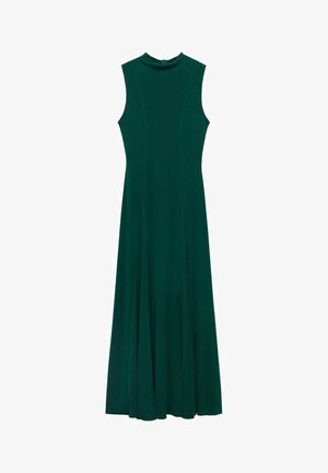 Długa, bezrękawna, ciemnozielona sukienka z okrągłym dekoltem, rozkloszowanym dołem i subtelnymi detalami szwów. Wykonana z gładkiego, lekko opływającego materiału.
