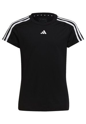 Camiseta deportiva negra de manga corta, con tres rayas blancas en cada hombro y un logo bordado en el centro.