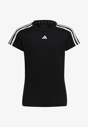 Camiseta deportiva negra de manga corta, con tres rayas blancas en cada hombro y un logo bordado en el centro.