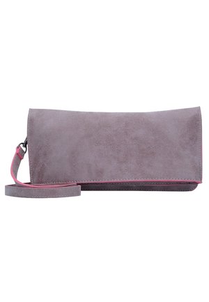 Pochette rectangulaire en daim violet discret avec une fine lanière pour poignet et des détails discrets roses sur les bords.