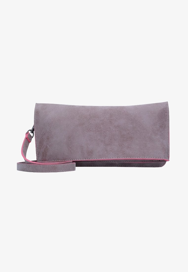 Pochette rectangulaire en daim violet discret avec une fine lanière pour poignet et des détails discrets roses sur les bords.