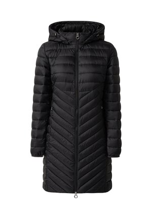 Black puffer coat with a hood, featuring a zip front closure, chevron quilted pattern, and side pockets. Smooth, water-resistant fabric.