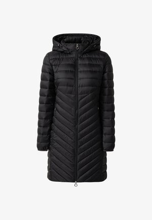 Schwarze Daunenjacke mit Kapuze, ausgestattet mit einem Reißverschluss vorn, einem Zickzack-Steppmuster und seitlichen Taschen. Glattes, wasserabweisendes Material.
