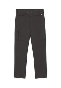 Cargo pants in dark gray cotton blend, featuring side pockets, straight legs, a seamless waistband, and subtle red stitching accents.