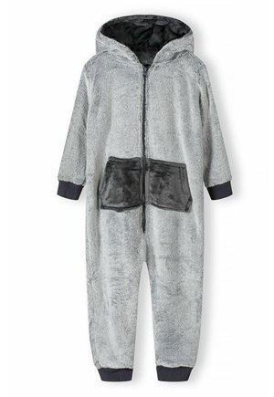 Gray plush onesie with zip closure, hood, and front pocket. Ribbed cuffs in dark gray contrast with the soft outer texture.
