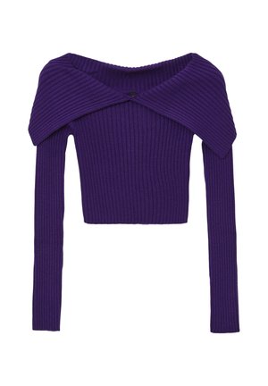 Maglione corto a coste viola con design off-shoulder, maniche lunghe e colletto ampio. Realizzato in materiale morbido e elasticizzato con finitura testurizzata.
