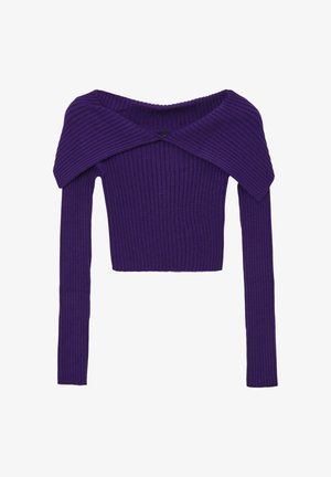 Pull court violet à côtes avec design décolleté, manches longues et col large. Fabriqué en matériau doux et extensible avec une finition texturée.