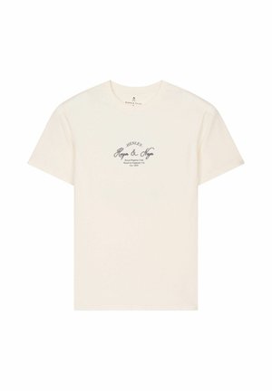 Camiseta de manga corta estilo Henley color crema con el texto "Henley Haper & Nego Royal Regatta Club" impreso en negro en el pecho.