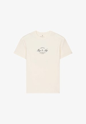 Camiseta de manga corta estilo Henley color crema con el texto "Henley Haper & Nego Royal Regatta Club" impreso en negro en el pecho.