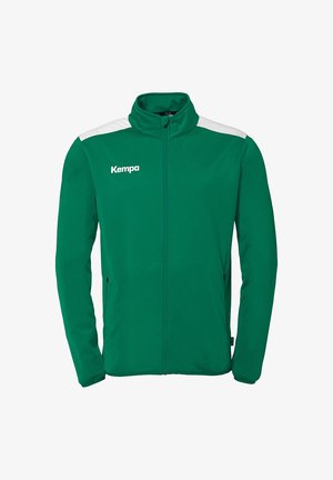 Green jacket with white shoulder accents, full zip, high collar, and zippered side pockets. Made of soft, smooth fabric. Features "Kempa" logo.