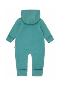 Turquoise fleece rompertje met een kap, lange mouwen, verstelbare manchetten en een ritssluiting op de rug. Zachte textuur, geen zichtbare patronen.