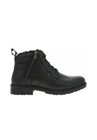 Bota de cuero negro hasta el tobillo con cordones en la parte delantera y cremallera lateral. Presenta un acabado texturizado y una suela de caucho resistente para ofrecer agarre y durabilidad.