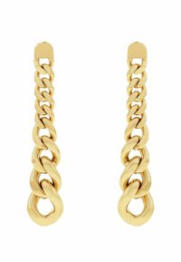 Pendientes de cadena de oro con un diseño alargado que presenta lazos entrelazados, acabado pulido y cierres resistentes en la parte superior.