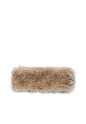 Fascia rettangolare in pelliccia sintetica marrone chiaro con texture morbida e soffice su sfondo bianco.