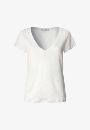 Bijela pamučna majica s V-izrezom i kratkim rukavima. Mekana tekstura, blago prilagođen kroj, s diskretnim logom na prsima.