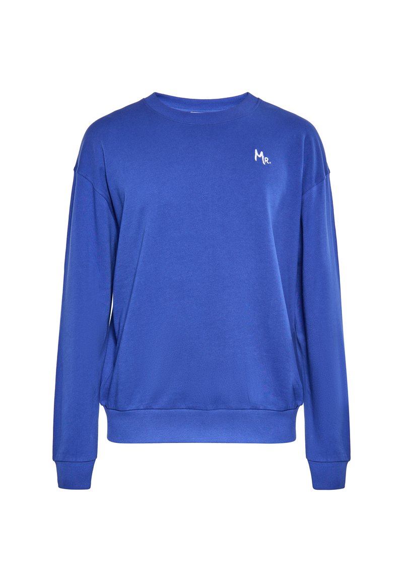 Blauwe sweatshirt van zacht materiaal, met een ronde halslijn, lange mouwen, ribgebreide mouwen en een klein wit logo op de borst.