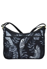 Zwarte schoudertas met witte gedetailleerde illustraties van papegaaien en tropische bladeren, voorzien van een ritssluiting en verstelbare riem.