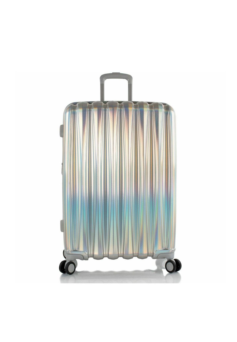 Hartschalenkoffer mit einer gerippten, schimmernden Oberfläche. Verfügt über einen ausziehbaren Griff und vier drehbare Rollen für einfache Mobilität.