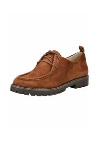 Zapato de ante marrón con punta redondeada, diseño de cordones, costuras en contraste, suela de goma resistente y una pequeña lengüeta en la parte trasera.