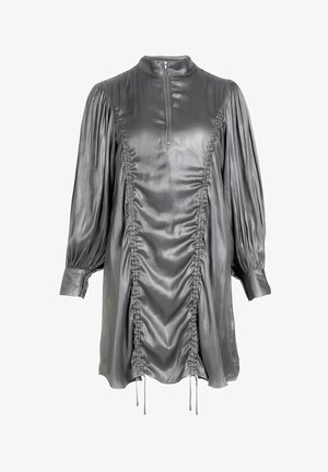 Gray satin dress with a high neck, center zipper, and ruched detailing along the front. Features long, gathered sleeves and adjustable ties at the hem.