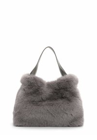Borsa in pelliccia sintetica grigia con una texture morbida e soffice. Caratterizzata da una forma strutturata e due manici robusti per il trasporto.