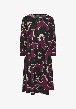 Abito a maniche lunghe con un motivo floreale viola e nero, realizzato in tessuto morbido, con una vestibilità comoda e un orlo di lunghezza media.