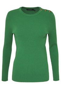 Vihreä ribbineulottu neulepusero, jossa pitkät hihat ja pyöreä pääntie. Vasemmalla olkapäällä kolme kultanappia. Sileä pinta, istuva malli.