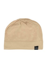 Berretto a maglia beige con design a cima arricciata, orlo piegato e una piccola etichetta nera con il nome del brand "RICHMOND". Texture morbida.