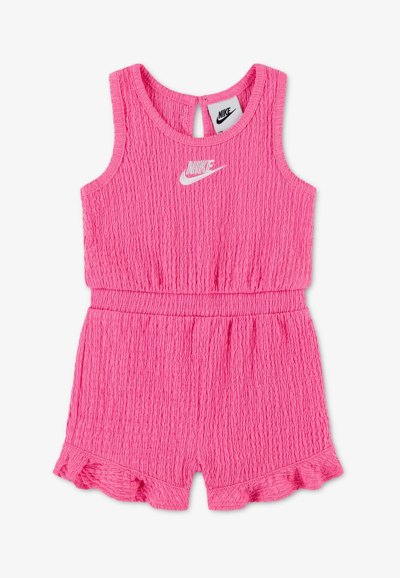 Φούξια ροζ, υφασμάτινη, αμάνικη φόρμα Nike για παιδιά με ελαστική μέση, βολάν στα τελειώματα των σορτς και λογότυπο στο μπροστινό μέρος και στην ετικέτα πίσω από τον λαιμό.
