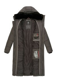 Long, dark gray puffer coat with a fur-lined hood, inner pockets, and white piping details. Features a logo and distinctive patterns inside.