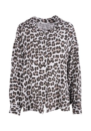 Leopardenmuster-Hemd mit Knopfleiste aus leichtem Stoff. Verfügt über einen Kragen, lange Ärmel und eine Knopfleiste mit grauen und schwarzen Flecken auf einem weißen Hintergrund.