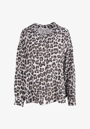 Leopardenmuster-Hemd mit Knopfleiste aus leichtem Stoff. Verfügt über einen Kragen, lange Ärmel und eine Knopfleiste mit grauen und schwarzen Flecken auf einem weißen Hintergrund.